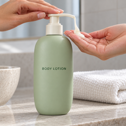 Clean hands pressing lotion pump over palm