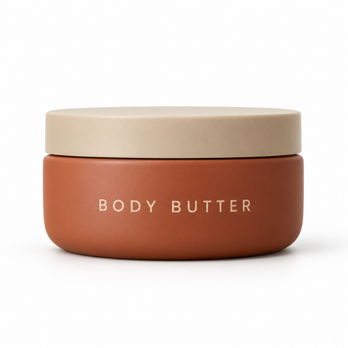 Unbranded terracotta body butter jar on white