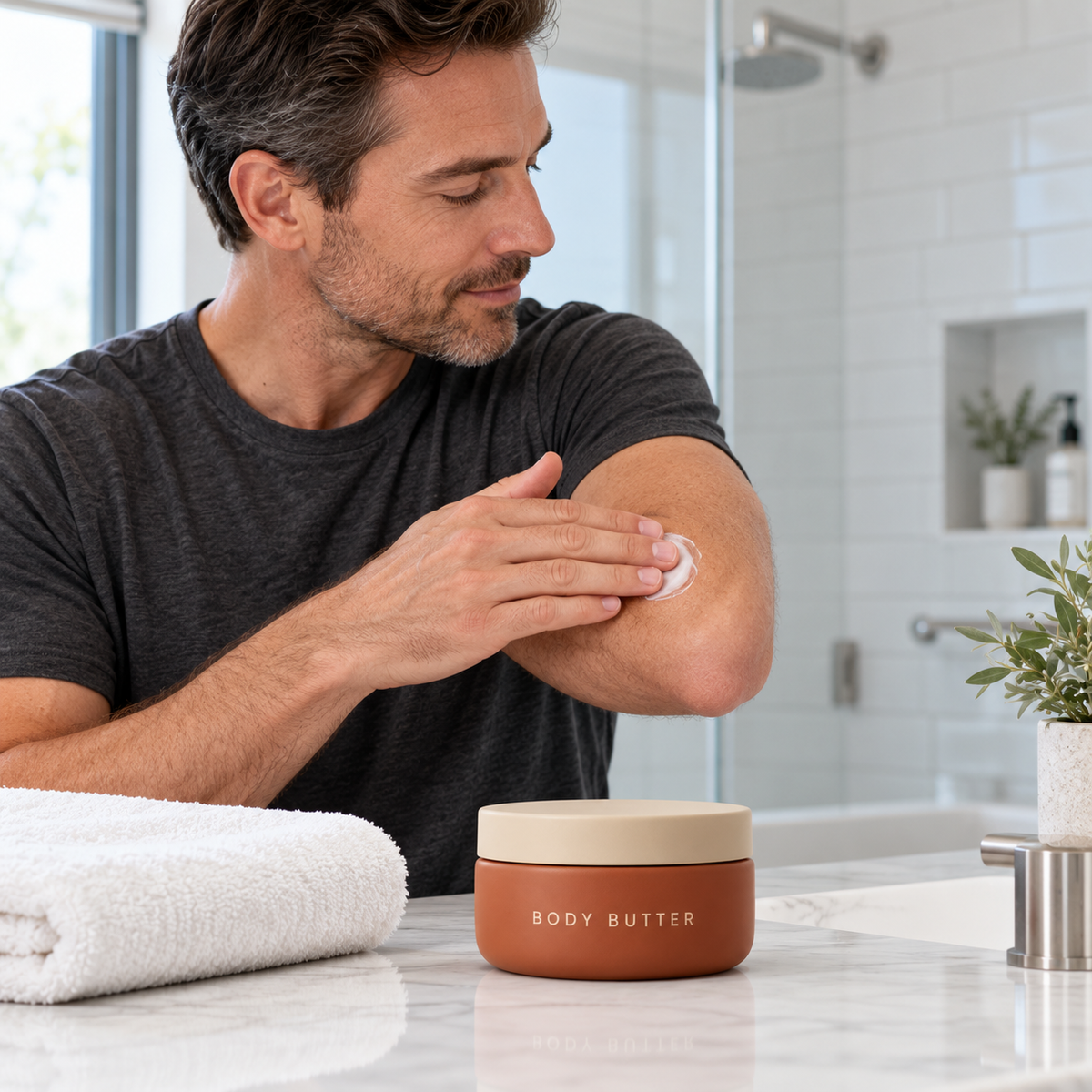 AI-generated adult model during after-shower arm care