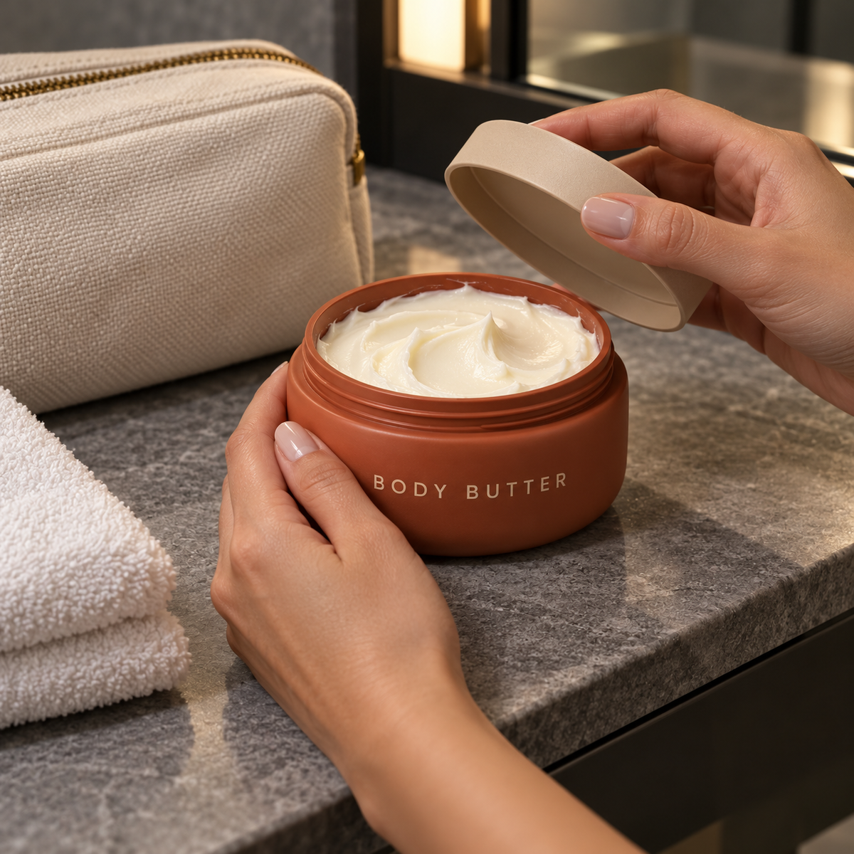 Opening body butter at hotel vanity