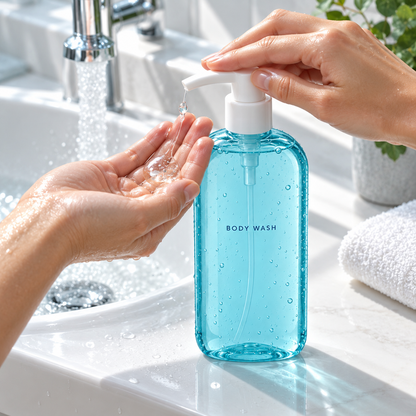 Hands dispensing body wash beside water