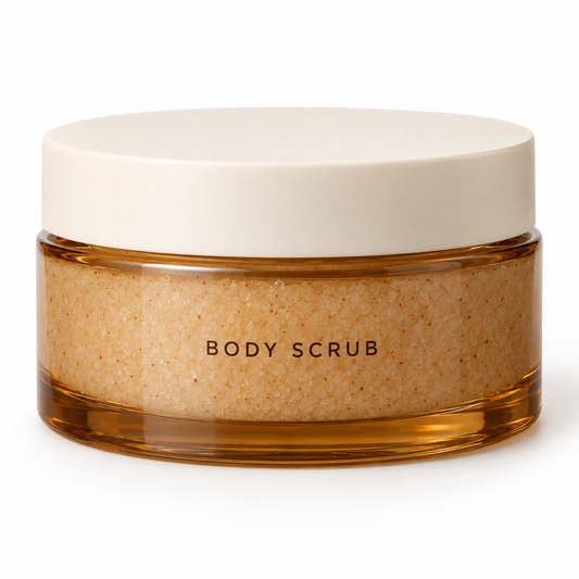 White-background amber body scrub jar concept