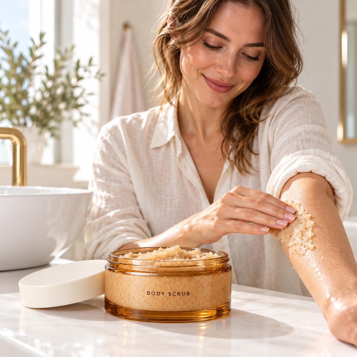 AI adult model gently applying scrub to forearm