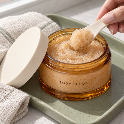 Clean spatula scooping body scrub concept