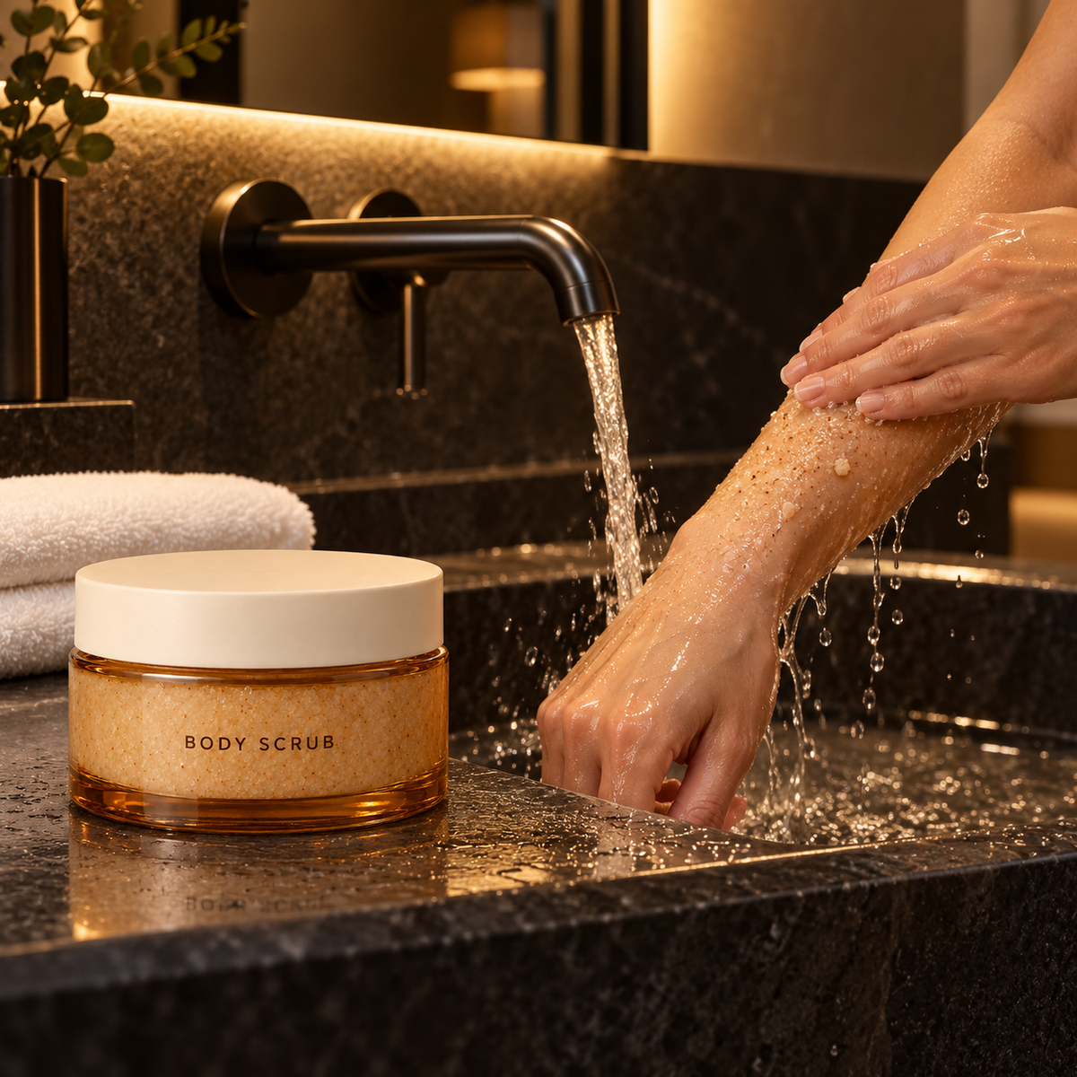 Hotel bathroom forearm rinse-off illustration