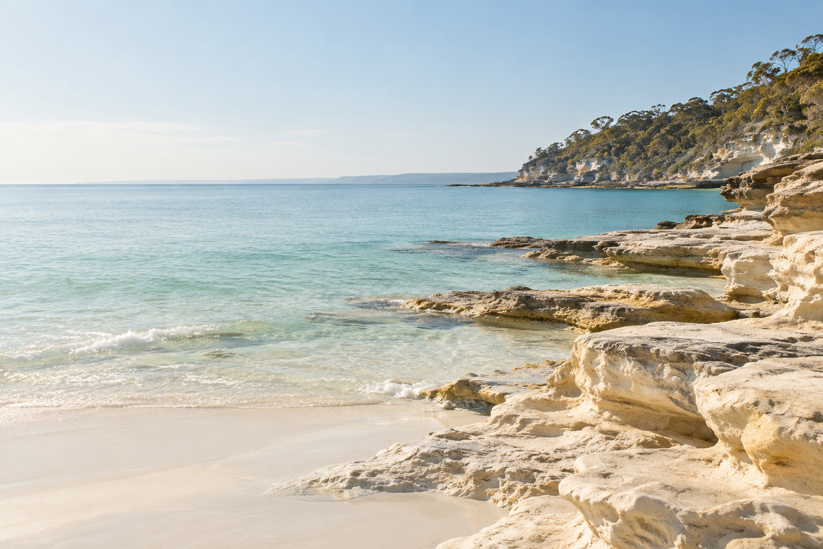 Quiet sandstone coast and soft turquoise water