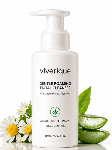 White-background Viverique facial cleanser bottle with simple botanical styling