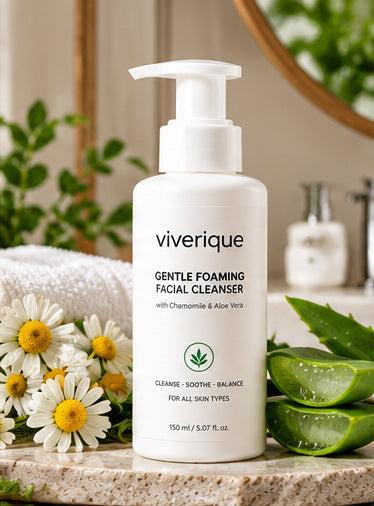 Viverique cleanser bottle displayed in a soft neutral bathroom