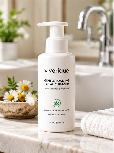 Viverique cleanser bottle standing next to a sink and towel