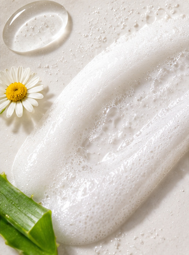 Macro photograph showing fine bubbles in cleansing foam