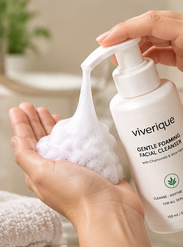 Cleansing foam dispensed from Viverique pump bottle into hands