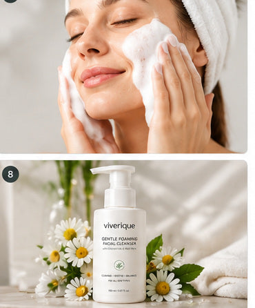 One supporting portrait of a woman applying face-cleansing foam